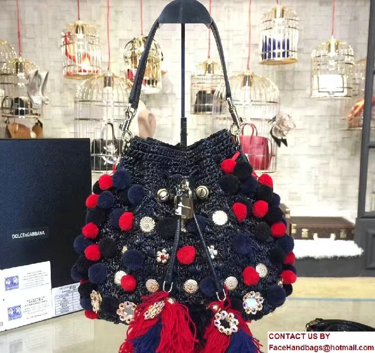 Dolce & Gabbana Claudia Pompoms Woven Raffia Bucket Bag Black/Red 2017 - Click Image to Close